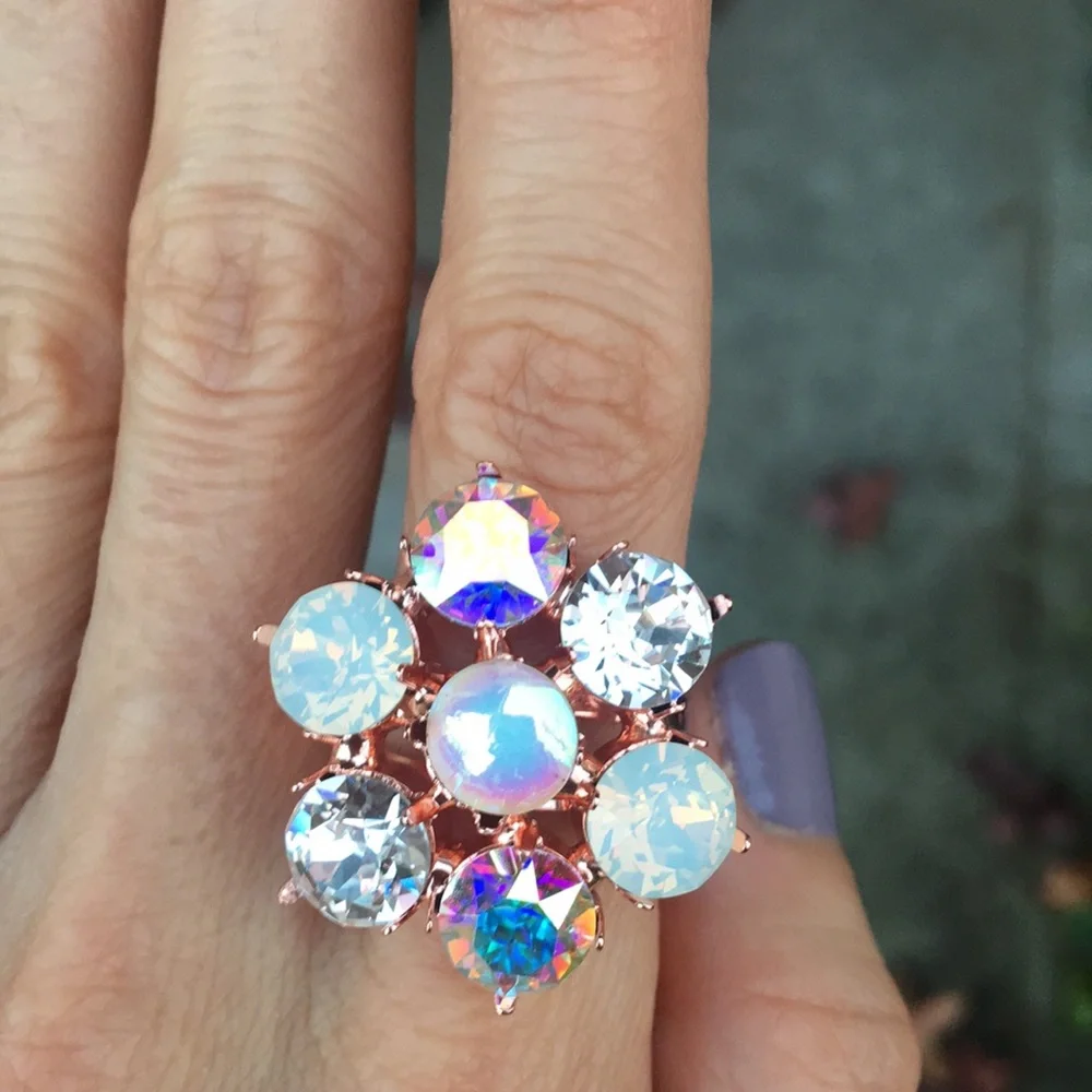 White Opal +Aurora Borealis Rose Gold Crystal Flower Cocktail Statement Ring